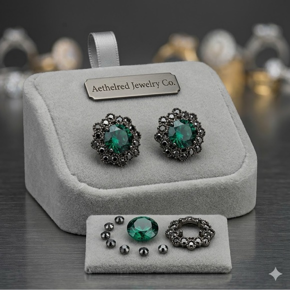 Jewelry - ✨ New Emerald Center Stone & Crystal Halo Studs  Vintage Glamour: ✨